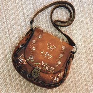 Vintage 70s tooled leather purse hand painted